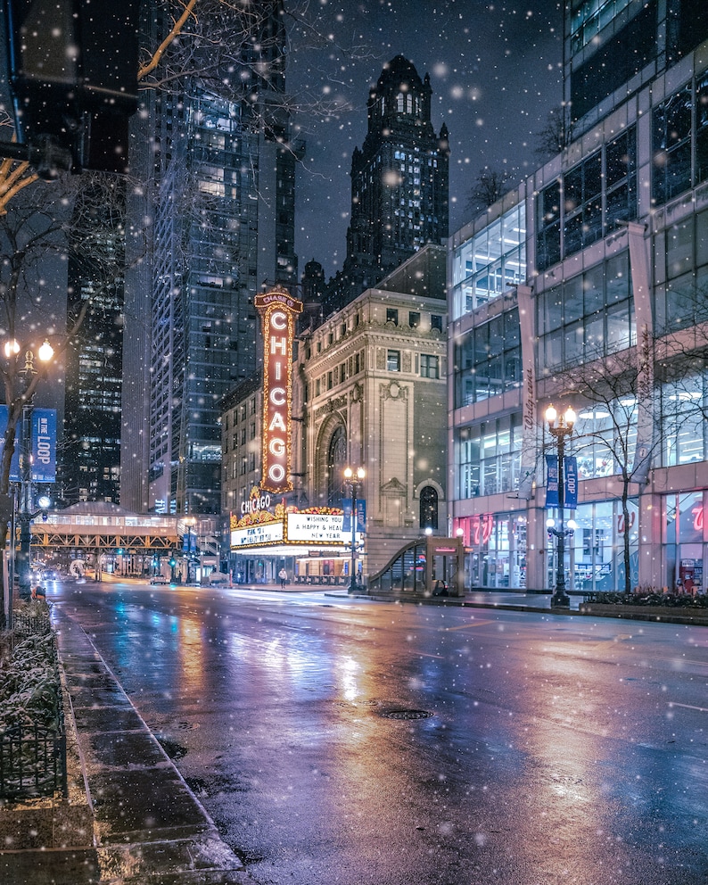 Winter Vibes Chicago, stadsarchitectuur, stedelijk decor, Chicago Wall Art, sneeuw 's nachts, canvas decor afbeelding 2