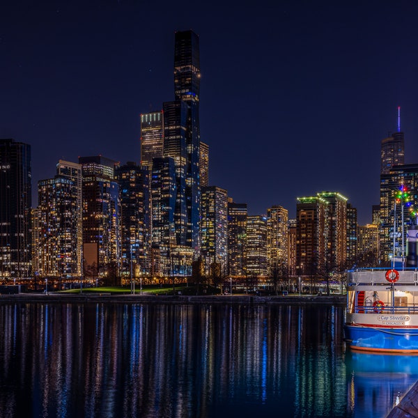 Navy Pier Skyline Chicago, City Architecture, Urban Decor, Chicago Wall Art, Snow at night, Canvas decor