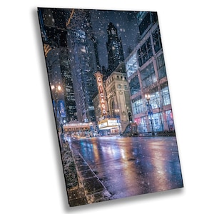 Winter Vibes Chicago, City Architecture, Urban Decor, Chicago Wall Art, Snow at night, Canvas decor image 1