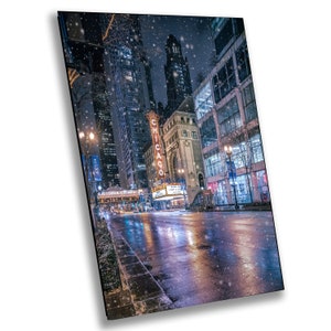 Winter Vibes Chicago, City Architecture, Urban Decor, Chicago Wall Art, Snow at night, Canvas decor image 1