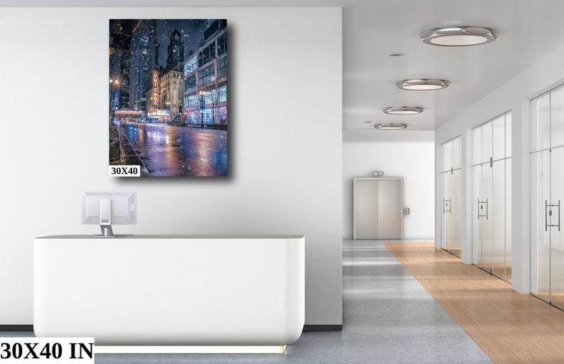 Winter Vibes Chicago, stadsarchitectuur, stedelijk decor, Chicago Wall Art, sneeuw 's nachts, canvas decor afbeelding 10