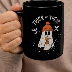 Trick or Treat Ghost Mug Cute Halloween Coffee Cup with Cozy Autumn Vibes, Perfect Fall Gift for Pumpkin and Spooky Season Lovers
