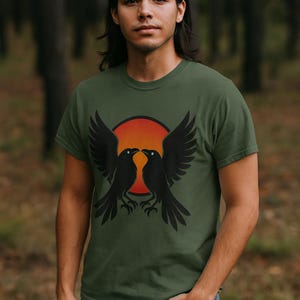 Scandinavian Myth Odin Ravens Huginn Muninn Viking Norse Mythology T-Shirt Symmetrical Raven Design Wings Spread Pagan Shirt