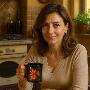 Three Zucchini Flower editable Blossoms  Mug  Black Ceramic Mug with Oil Style Floral Art Rustic Kitchen Garden Lover Gift Italian Foodie