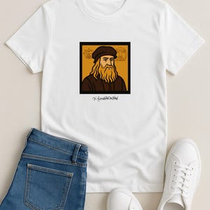 Leonardo Da Vinci Pop Art Style Signature T-Shirt for Art Teachers Artists and History Lovers Unique White Shirt Gift for Creative Educators