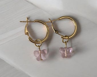 Light Pink Butterfly Gold Hoops