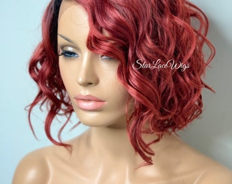 Human Hair Blend Red Bob Lace Front Wig Dark Roots Heat Resistant Side Part Red Hair Wigs For Women Natural Look Wig Alopecia Chemo Wigs