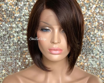 Brown Bob Wig with Bangs 100% Human Hair Lace Front Wig Fixed Side Part Straight Layers Lace Wigs For Women Brown Natural Look Wigs