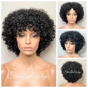 Short Full Black Wig Curly Bob Bangs Layers Synthetic Afro Wigs For Women Bob Wig