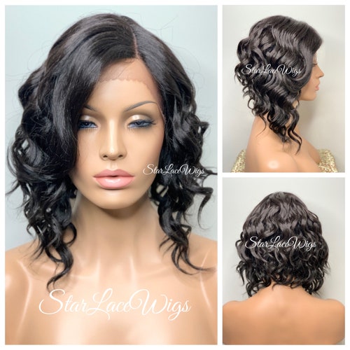 Wavy Bob Wig With Side Part & Bangs Lace Front Wig Angled - Etsy Wavy Bob Wig With Side Part & Bangs Lace Front Wig Angled - Etsy