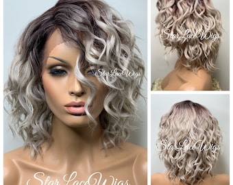 Ash Blonde Lace Front Wig Silver Gray Bob Wavy Synthetic Side Part Layers Dark Roots Heat Resistant Wigs For Women Ash Blonde Wig