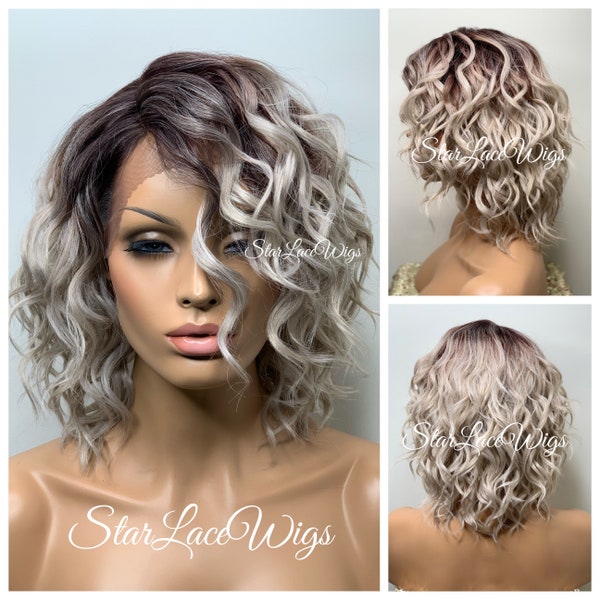 Ash Blonde Lace Front Wig Silver Gray Bob Wavy Synthetic Side Part Layers Dark Roots Heat Resistant Wigs For Women Ash Blonde Wig