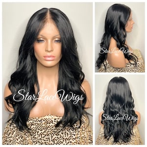 Lace Front Wig Long Synthetic Black Wavy Middle Part Wavy Heat Resistant Wigs For Women Natural Looking