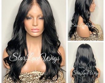 Lace Front Wig Long Synthetic Black Wavy Middle Part Wavy Heat Resistant Wigs For Women Natural Looking