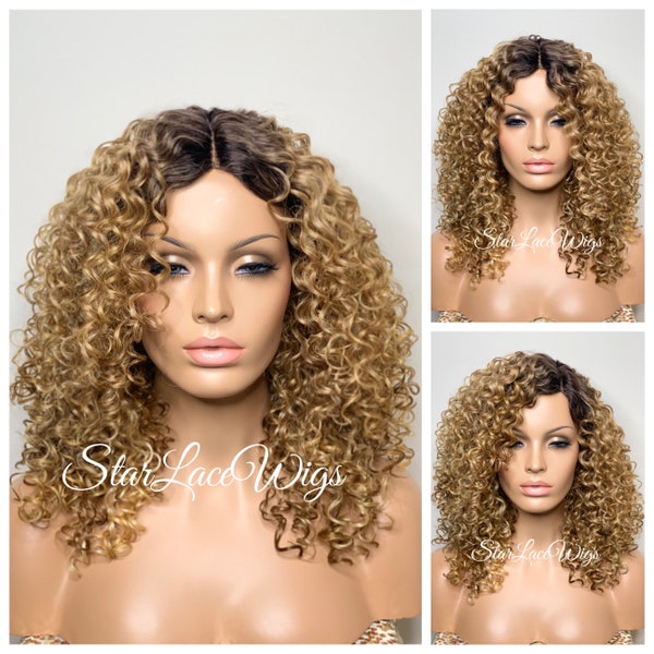 Curly Honey Blonde Wig Dark Roots Long Middle Part Synthetic Layers Heat Safe Resistant Wigs For Women Cosplay Alopecia Chemo