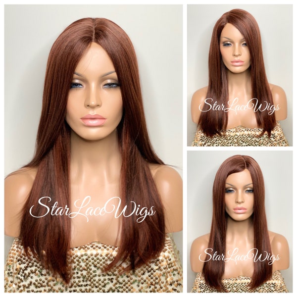 Long Synthetic Wig Medium Auburn Middle Part Straight Heat Resistant Wigs For Women Red Wig