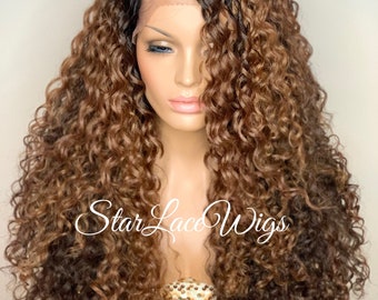 Lace Front Wig Long Curly Brown Black Roots Synthetic Side Part Layers Heat Resistant