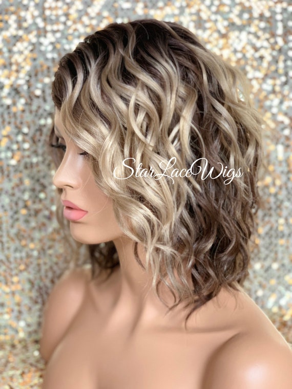 Dark Blonde Lace Front Wig Bob Wavy Synthetic Layers Dark Roots Heat Safe Wigs for Women Ash Blonde Wig Wavy Dark Blonde Bob Wig Etsy