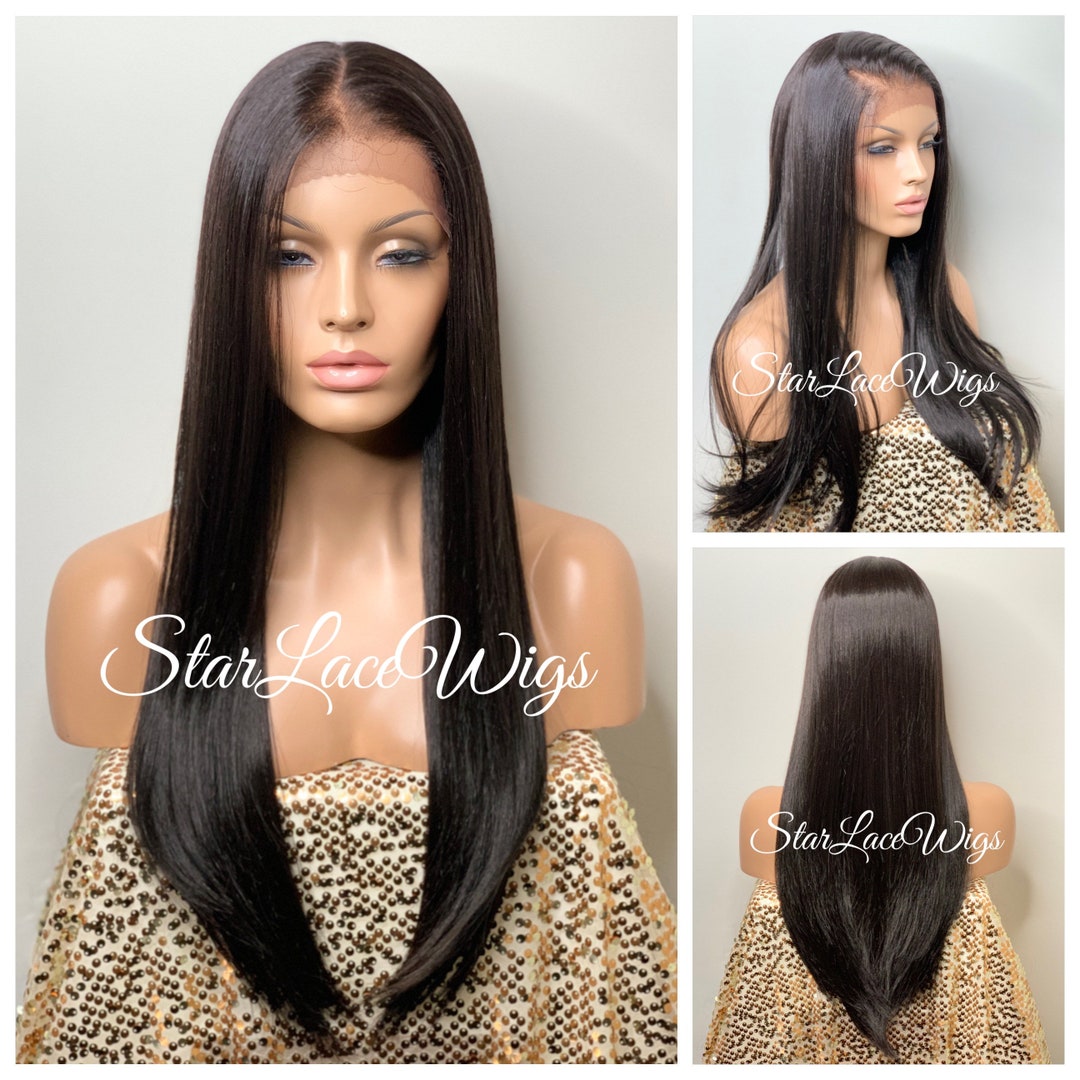 Human Hair Blend Long Black Lace Front Wig Straight 13x4 Etsy 日本