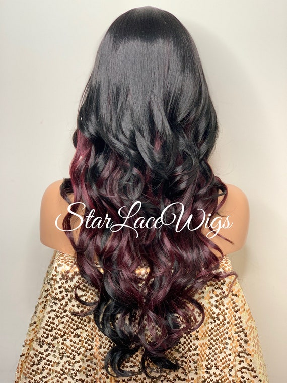 Lace Front Wig Long Black Burgundy Highlights Synthetic Curly - Etsy