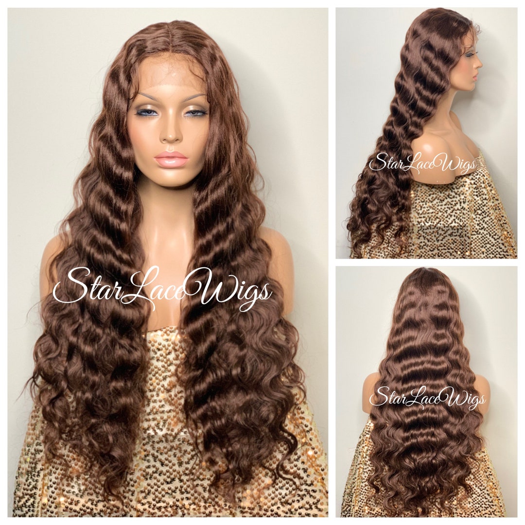 Chestnut Brown Human Hair Blend Long Lace Front Wig Crimped Etsy 日本