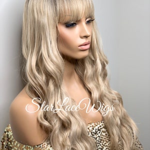 Long Blonde Wavy Wig With Bangs Synthetic Blonde Wavy Wig