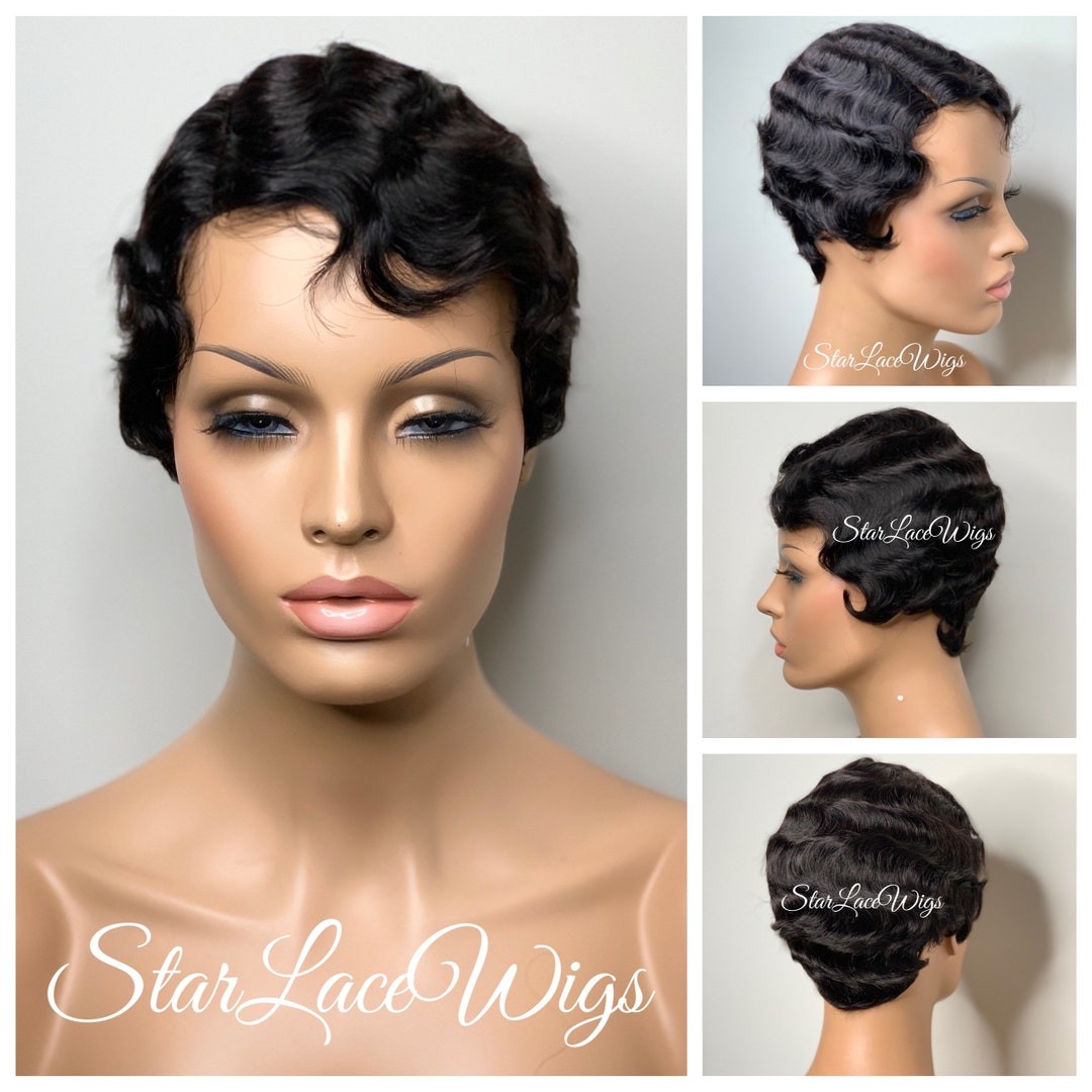 100% Human Hair Finger Wave Pixie Wig Flapper No Lace Front Etsy 日本