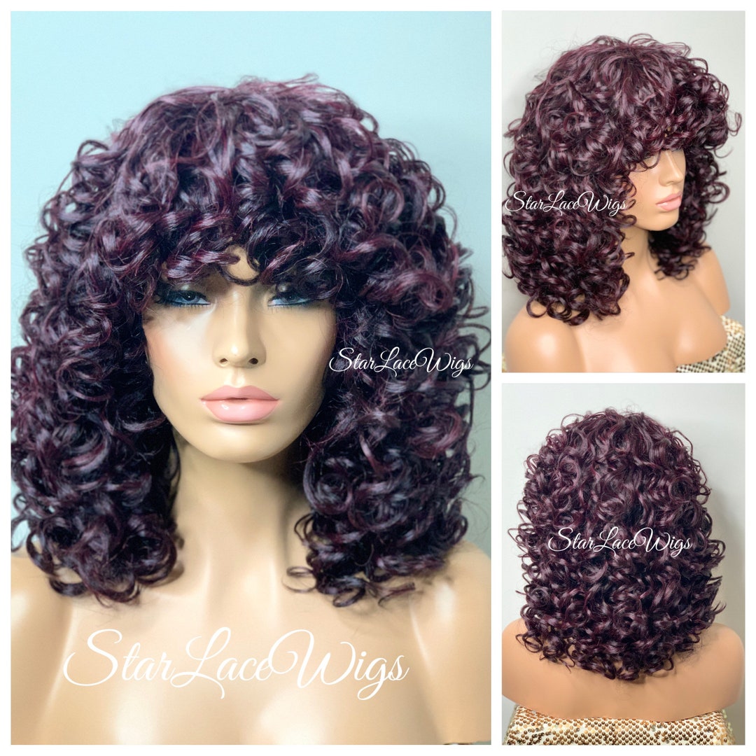 Full Wig Plum Curly Bangs Layers Shoulder Length Synthetic Afro Wigs ...