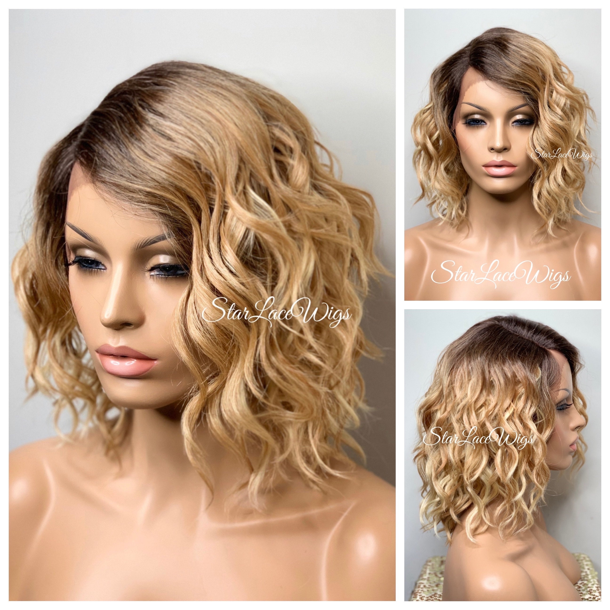 Wavy Honey Blonde Bob Wig Lace Front Synthetic Side Part Layers