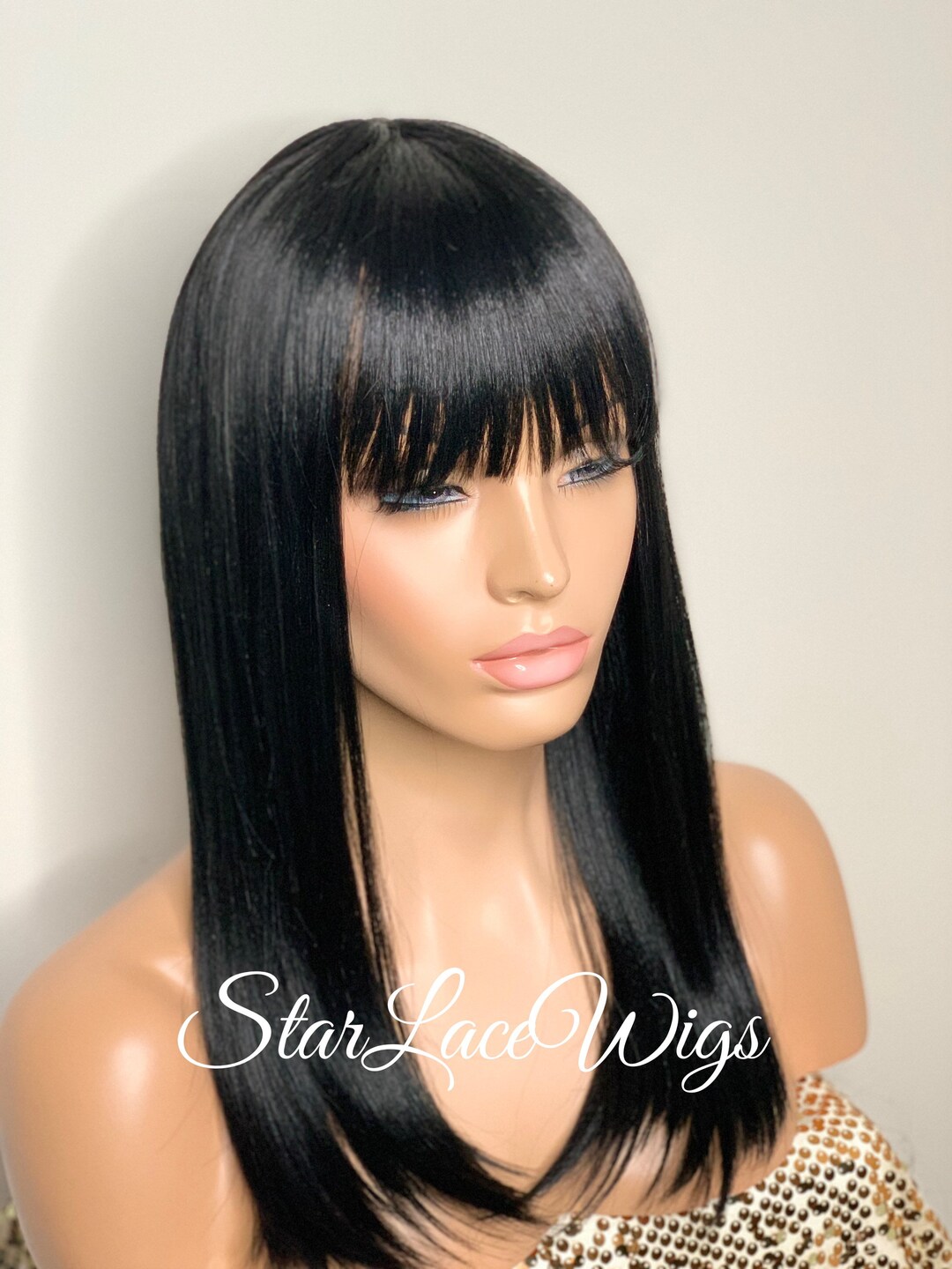 Long Straight Black Synthetic Wig With Bangs main image 1
