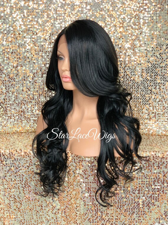 Black Lace Front Wig Long Curly Synthetic Side Part Bangs Layers Heat Resistant Wigs for Women Etsy UK