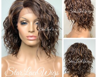 Wavy Brown Bob Wig with Bangs #30 Highlights Side Part Synthetic Layers Heat Resistant Wigs For Women Lace Front Wig #4 Bob Wig