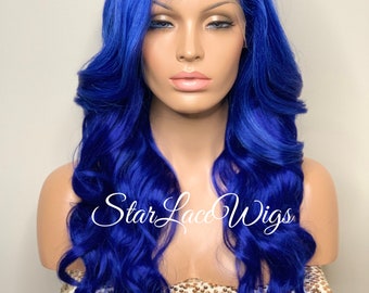 Blue Wavy Wig Long Lace Front Synthetic Center Part Layers Drag Queen Cosplay Blue Wavy Wig Party Fashion Wig