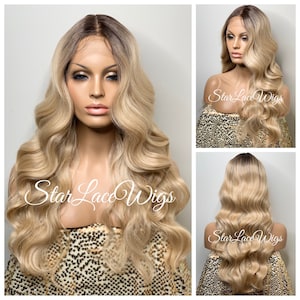 Blonde Lace Front Wig Long Wavy Synthetic Middle Part Layers Dark Roots Heat Resistant Wigs For Women Natural Looking