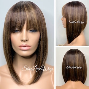 Straight Brown Wavy Bob Wig with Bangs Solid #4 with #27 #30 Highlights Brown 14 inch Bob Wig Angled