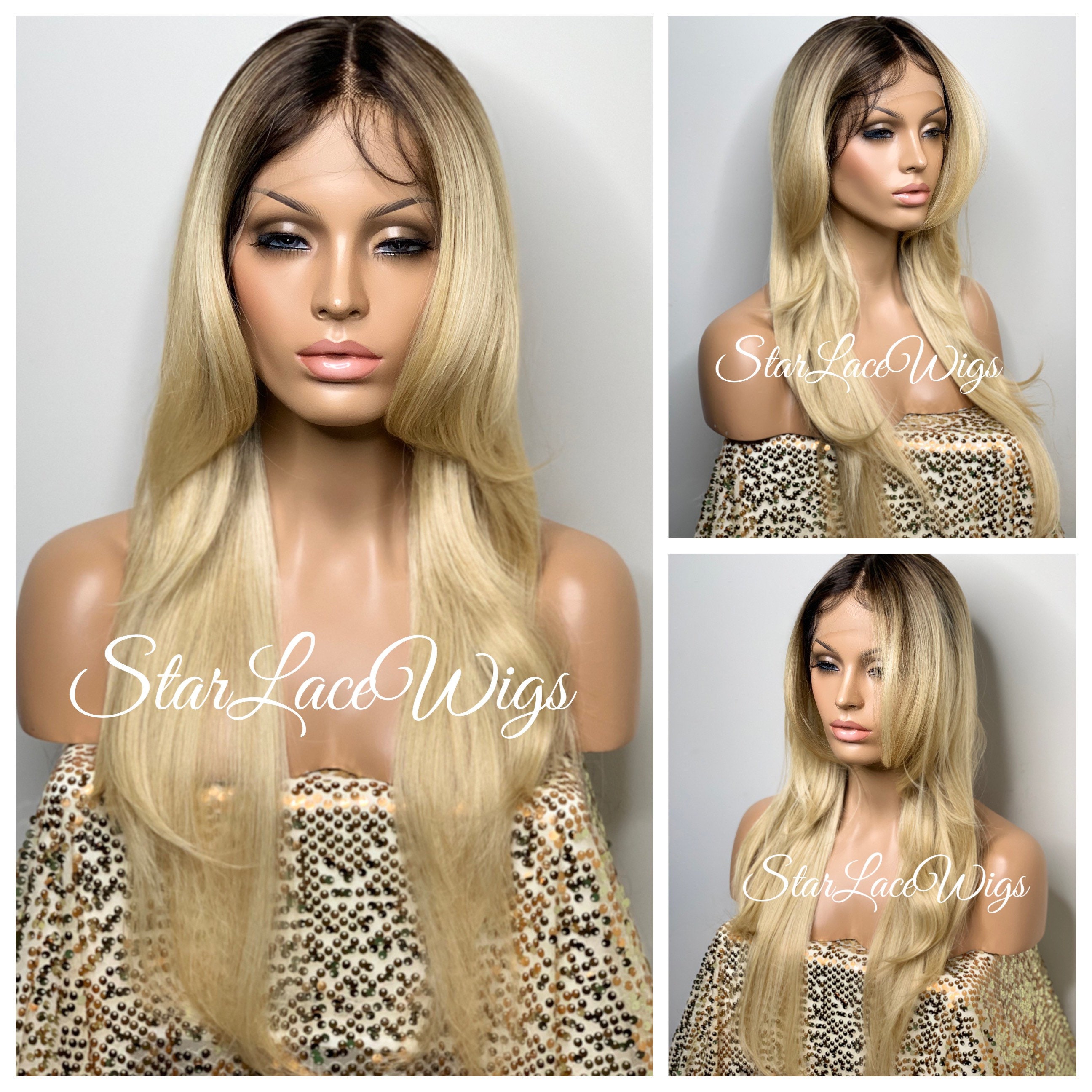 Blonde Lace Front Wig Bangs Long Straight Synthetic Middle Part