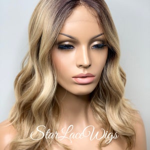 Blonde Bob Wig Lace Front Wavy Highlights Synthetic Middle Part Dark Roots Heat Resistant Wigs For Women Wig Daily Wear