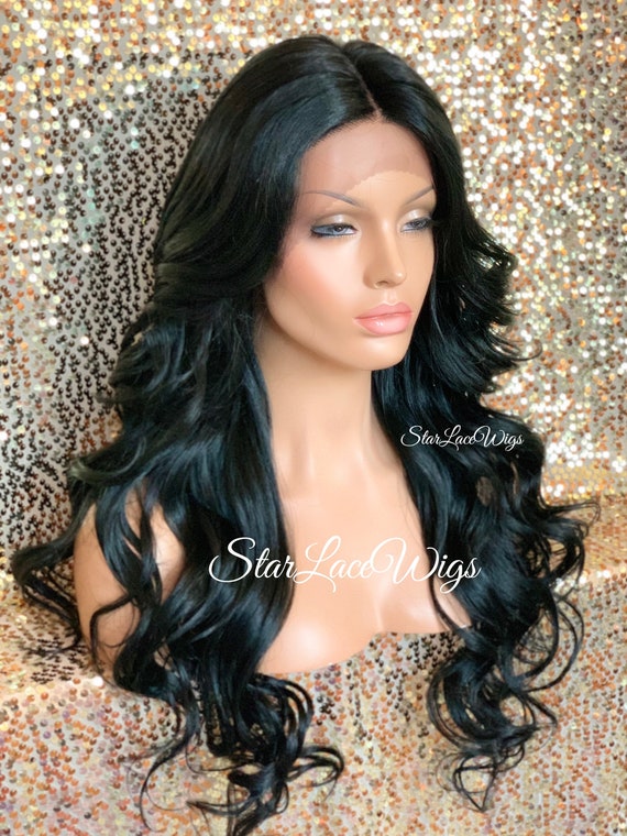 Long Black Lace Front Wig Curly Synthetic Center Part Layers Heat
