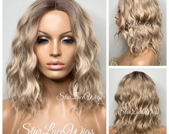 Wavy Blonde Bob Wig For Women Center Part Dark Roots Heat Resistant Synthetic Wig For Women Sandy Blonde Wavy Bob