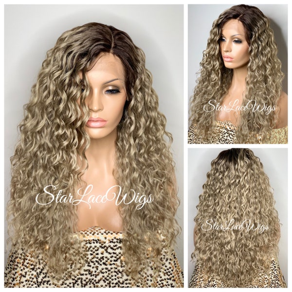 Perruque Lace Front Blond Cendré Longue Bouclée Synthétique Partie latérale Couches Racines Foncées Perruques Résistantes À La Chaleur Pour Femme Blond Cendré D'aspect Naturel