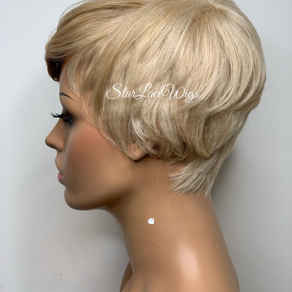Blonde Pixie Wig Bangs Short Straight Synthetic Wigs For Women Blonde Highlights Pixie Wig