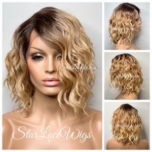 Honey Blonde Lace Front Wig Bob Wavy Synthetic Side Part Layers Dark Roots Heat Resistant Wigs For Women Honey Blonde Wig