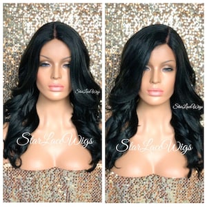 Long Black Wigs with Bangs for Women Wavy Center Part Synthetic Layers Heat Resistant