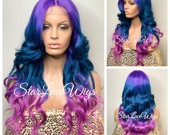 Unicorn Mermaid Lace Front Wig Ombre Purple Blue Pink Rainbow Body Wave Loose Curly Synthetic Bangs Layers Drag Queen Cosplay Wig