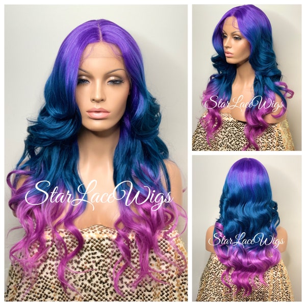 Unicorn Mermaid Lace Front Wig Ombre Purple Blue Pink Rainbow Body Wave Loose Curly Synthetic Bangs Layers Drag Queen Cosplay Wig