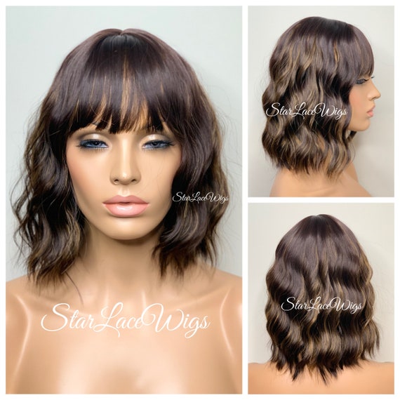 Brown Wavy Bob Wig With Bangs Highlights Chocolate Brown Etsy Canada