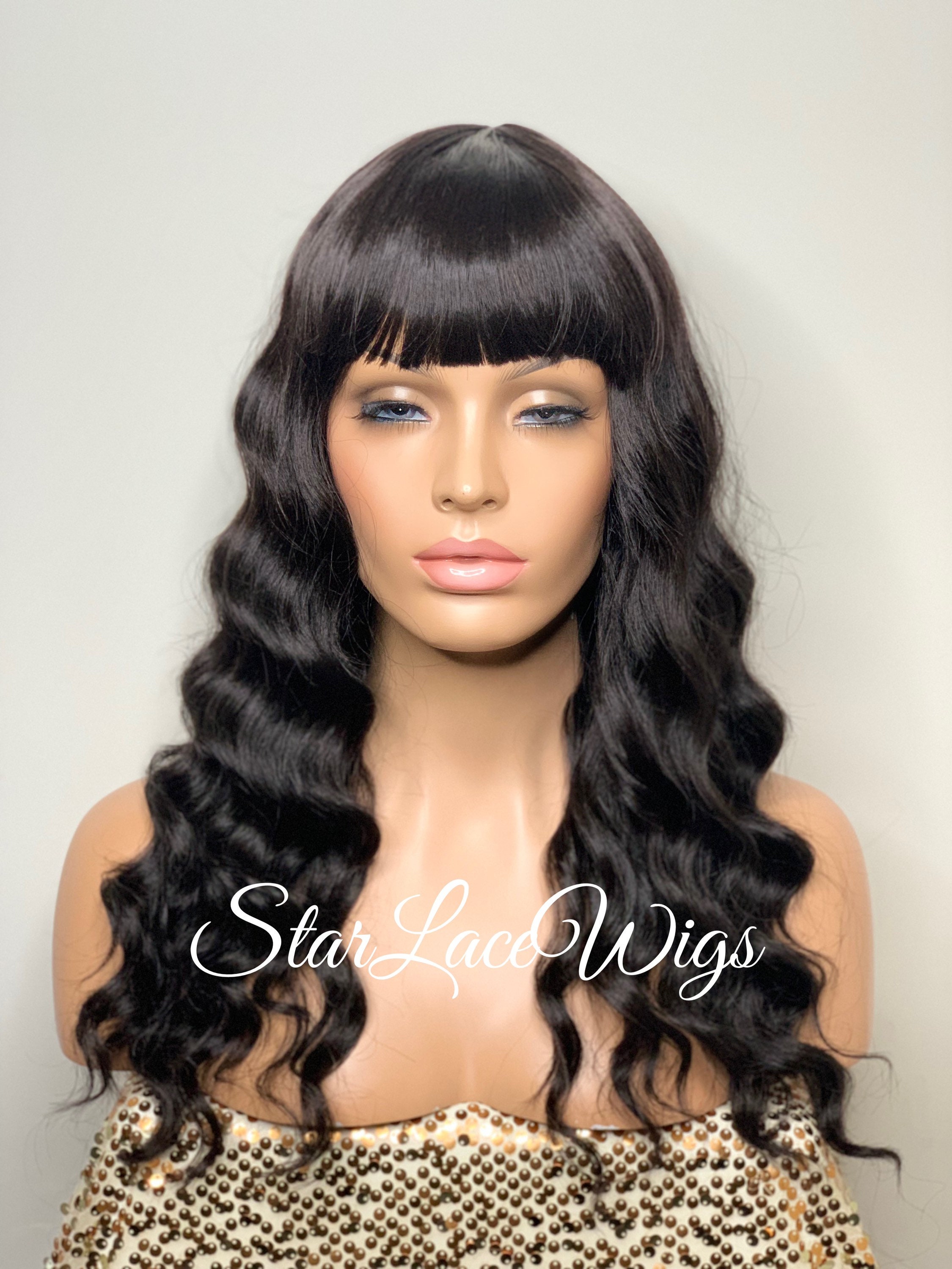 Black wig no bangs hot sale