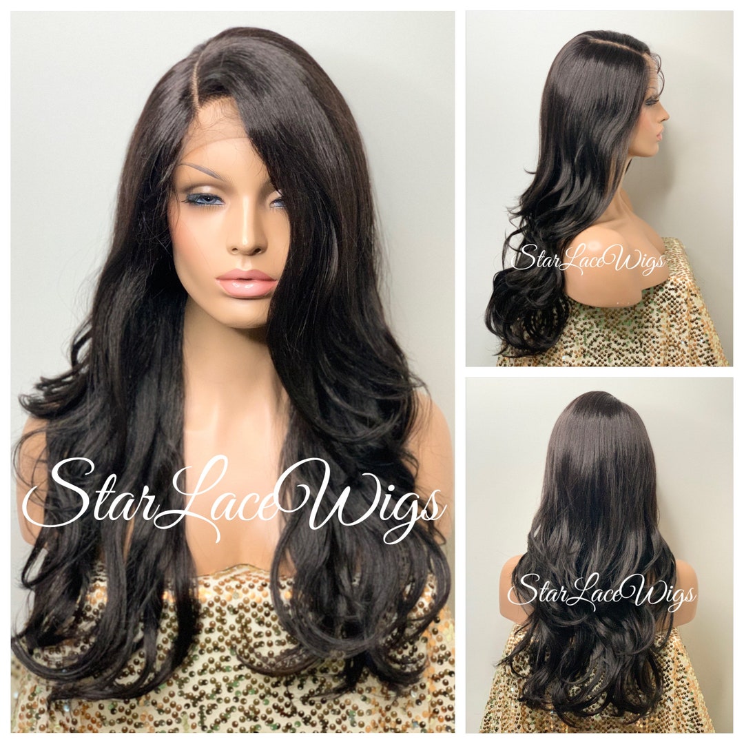 Lace Front Wig Brown Black Synthetic Side Part Curly Layered Heat