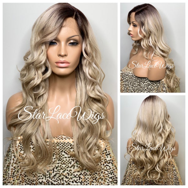 Blonde Lace Front Wig Long Wavy Synthetic Dark Roots Side Part Layers Heat Resistant Wigs For Women Cosplay Alopecia Cancer