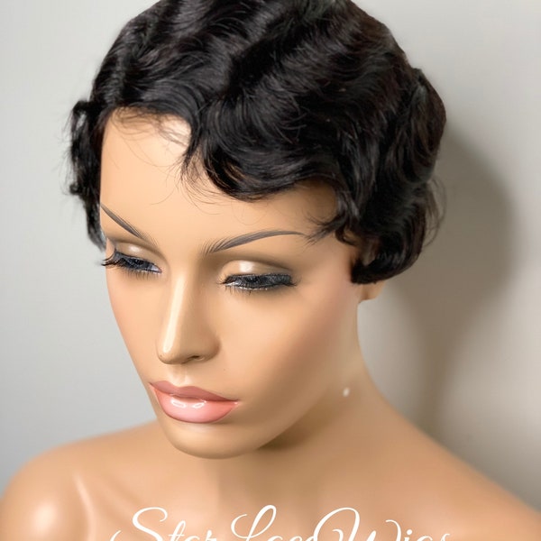 100% Human Hair Finger Wave Pixie Wig Flapper No Lace Front Short Hair Costume Vintage Style Pixie Cut Wig Side Part